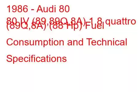 1986 - Audi 80
80 IV (89,89Q,8A) 1.8 quattro (89Q,8A) (88 Hp) Fuel Consumption and Technical Specifications