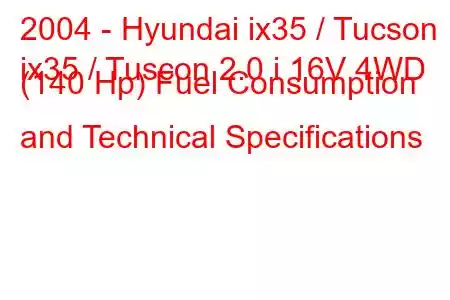 2004 - Hyundai ix35 / Tucson
ix35 / Tuscon 2.0 i 16V 4WD (140 Hp) Fuel Consumption and Technical Specifications