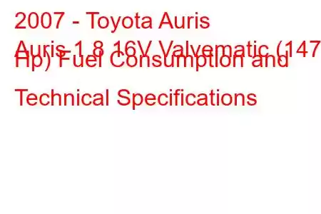 2007 - Toyota Auris
Auris 1.8 16V Valvematic (147 Hp) Fuel Consumption and Technical Specifications