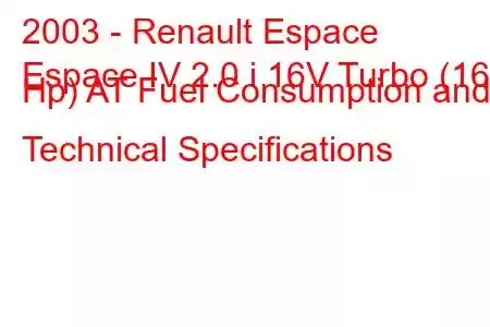 2003 - Renault Espace
Espace IV 2.0 i 16V Turbo (165 Hp) AT Fuel Consumption and Technical Specifications