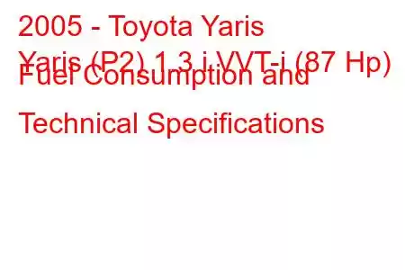 2005 - Toyota Yaris
Yaris (P2) 1.3 i VVT-i (87 Hp) Fuel Consumption and Technical Specifications