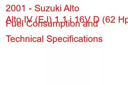 2001 - Suzuki Alto
Alto IV (EJ) 1.1 i 16V D (62 Hp) Fuel Consumption and Technical Specifications