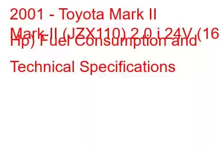 2001 - Toyota Mark II
Mark II (JZX110) 2.0 i 24V (160 Hp) Fuel Consumption and Technical Specifications