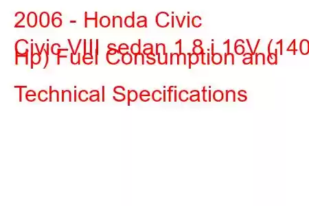 2006 - Honda Civic
Civic VIII sedan 1.8 i 16V (140 Hp) Fuel Consumption and Technical Specifications