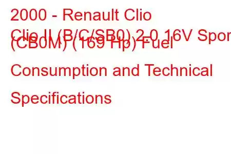 2000 - Renault Clio
Clio II (B/C/SB0) 2.0 16V Sport (CB0M) (169 Hp) Fuel Consumption and Technical Specifications