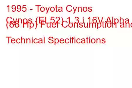 1995 - Toyota Cynos
Cynos (EL52) 1.3 i 16V Alpha (88 Hp) Fuel Consumption and Technical Specifications