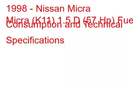 1998 - Nissan Micra
Micra (K11) 1.5 D (57 Hp) Fuel Consumption and Technical Specifications