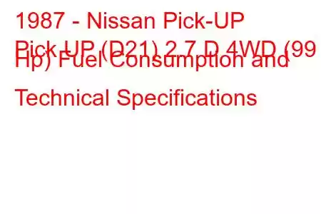 1987 - Nissan Pick-UP
Pick UP (D21) 2.7 D 4WD (99 Hp) Fuel Consumption and Technical Specifications