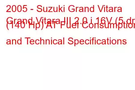 2005 - Suzuki Grand Vitara
Grand Vitara III 2.0 i 16V (5 dr) (140 Hp) AT Fuel Consumption and Technical Specifications