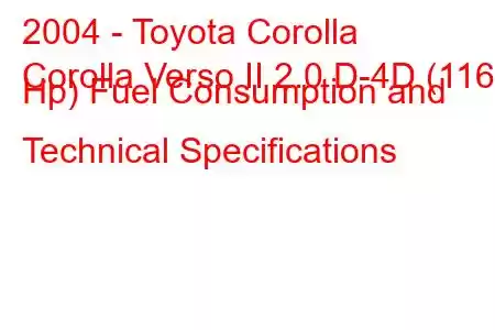 2004 - Toyota Corolla
Corolla Verso II 2.0 D-4D (116 Hp) Fuel Consumption and Technical Specifications