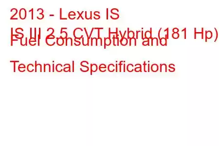 2013 - Lexus IS
IS III 2.5 CVT Hybrid (181 Hp) Fuel Consumption and Technical Specifications