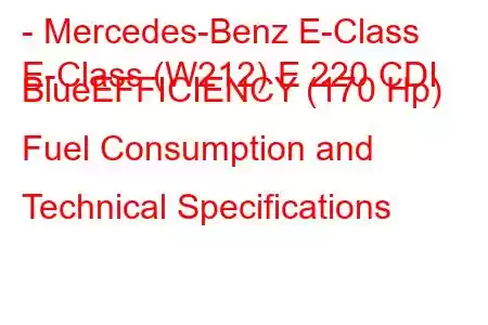 - Mercedes-Benz E-Class
E-Class (W212) E 220 CDI BlueEFFICIENCY (170 Hp) Fuel Consumption and Technical Specifications