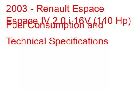 2003 - Renault Espace
Espace IV 2.0 i 16V (140 Hp) Fuel Consumption and Technical Specifications