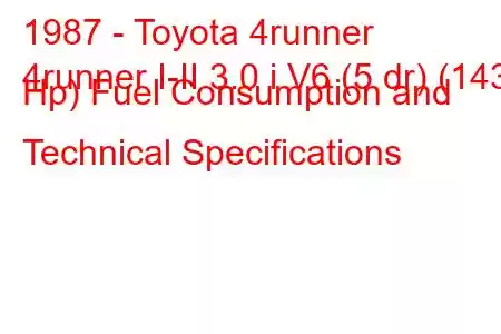 1987 - Toyota 4runner
4runner I-II 3.0 i V6 (5 dr) (143 Hp) Fuel Consumption and Technical Specifications