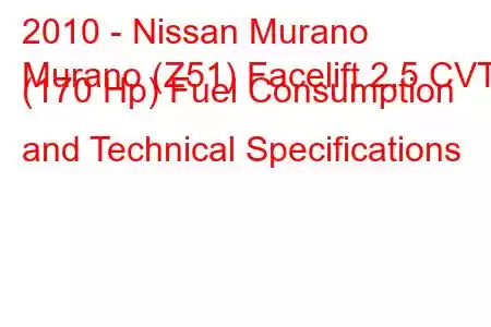 2010 - Nissan Murano
Murano (Z51) Facelift 2.5 CVT (170 Hp) Fuel Consumption and Technical Specifications