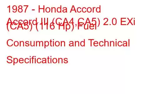 1987 - Honda Accord
Accord III (CA4,CA5) 2.0 EXi (CA5) (116 Hp) Fuel Consumption and Technical Specifications