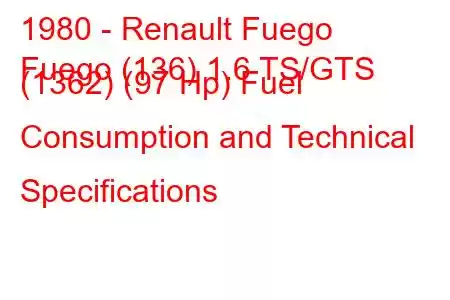 1980 - Renault Fuego
Fuego (136) 1.6 TS/GTS (1362) (97 Hp) Fuel Consumption and Technical Specifications