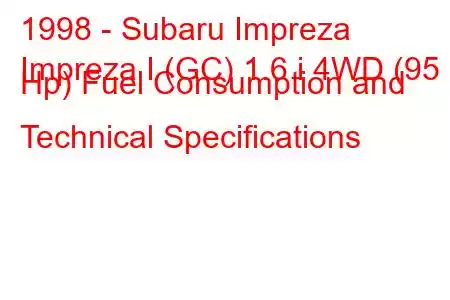 1998 - Subaru Impreza
Impreza I (GC) 1.6 i 4WD (95 Hp) Fuel Consumption and Technical Specifications