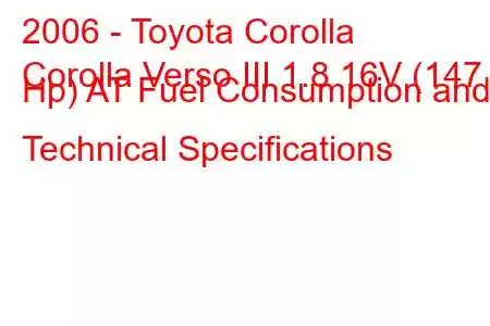 2006 - Toyota Corolla
Corolla Verso III 1.8 16V (147 Hp) AT Fuel Consumption and Technical Specifications