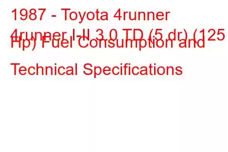 1987 - Toyota 4runner
4runner I-II 3.0 TD (5 dr) (125 Hp) Fuel Consumption and Technical Specifications