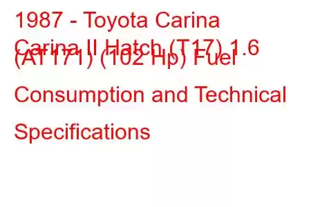 1987 - Toyota Carina
Carina II Hatch (T17) 1.6 (AT171) (102 Hp) Fuel Consumption and Technical Specifications