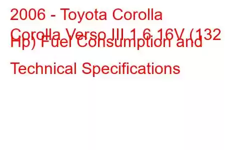 2006 - Toyota Corolla
Corolla Verso III 1.6 16V (132 Hp) Fuel Consumption and Technical Specifications