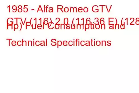 1985 - Alfa Romeo GTV
GTV (116) 2.0 (116.36 E) (128 Hp) Fuel Consumption and Technical Specifications