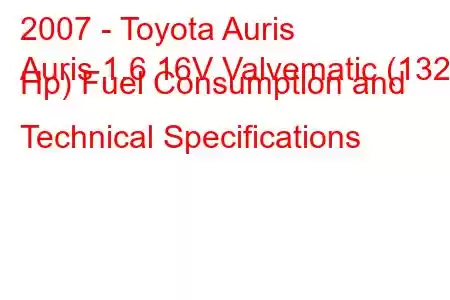 2007 - Toyota Auris
Auris 1.6 16V Valvematic (132 Hp) Fuel Consumption and Technical Specifications