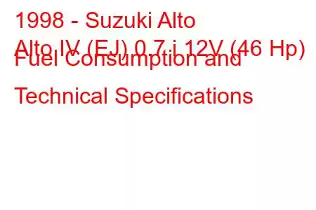 1998 - Suzuki Alto
Alto IV (EJ) 0.7 i 12V (46 Hp) Fuel Consumption and Technical Specifications