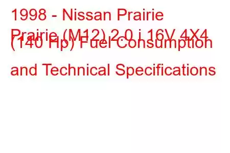 1998 - Nissan Prairie
Prairie (M12) 2.0 i 16V 4X4 (140 Hp) Fuel Consumption and Technical Specifications