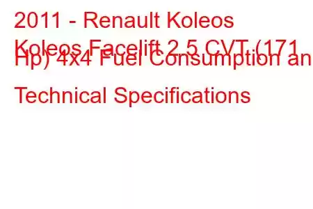 2011 - Renault Koleos
Koleos Facelift 2.5 CVT (171 Hp) 4x4 Fuel Consumption and Technical Specifications