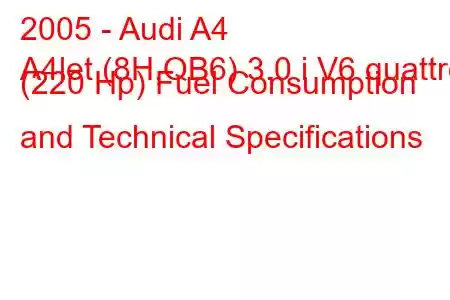 2005 - Audi A4
A4let (8H,QB6) 3.0 i V6 quattro (220 Hp) Fuel Consumption and Technical Specifications