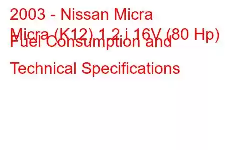 2003 - Nissan Micra
Micra (K12) 1.2 i 16V (80 Hp) Fuel Consumption and Technical Specifications