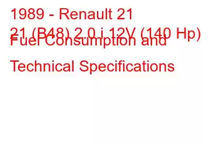 1989 - Renault 21
21 (B48) 2.0 i 12V (140 Hp) Fuel Consumption and Technical Specifications