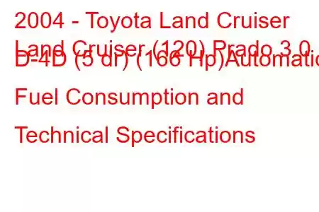 2004 - Toyota Land Cruiser
Land Cruiser (120) Prado 3.0 D-4D (5 dr) (166 Hp)Automatic Fuel Consumption and Technical Specifications