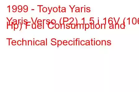 1999 - Toyota Yaris
Yaris Verso (P2) 1.5 i 16V (106 Hp) Fuel Consumption and Technical Specifications