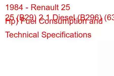 1984 - Renault 25
25 (B29) 2.1 Diesel (B296) (63 Hp) Fuel Consumption and Technical Specifications