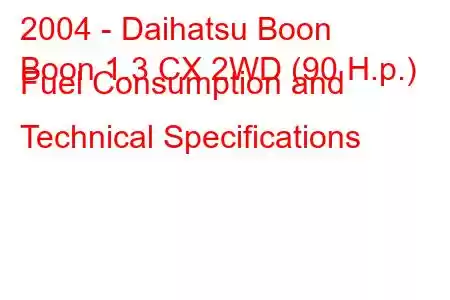 2004 - Daihatsu Boon
Boon 1.3 CX 2WD (90 H.p.) Fuel Consumption and Technical Specifications