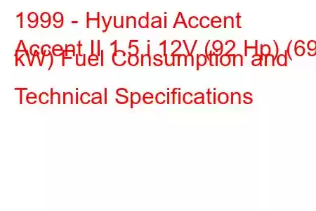 1999 - Hyundai Accent
Accent II 1.5 i 12V (92 Hp) (69 kW) Fuel Consumption and Technical Specifications