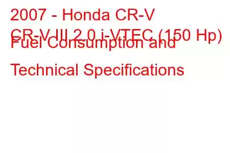 2007 - Honda CR-V
CR-V III 2.0 i-VTEC (150 Hp) Fuel Consumption and Technical Specifications