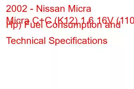 2002 - Nissan Micra
Micra C+C (K12) 1.6 16V (110 Hp) Fuel Consumption and Technical Specifications