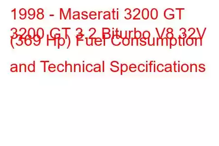 1998 - Maserati 3200 GT
3200 GT 3.2 Biturbo V8 32V (369 Hp) Fuel Consumption and Technical Specifications