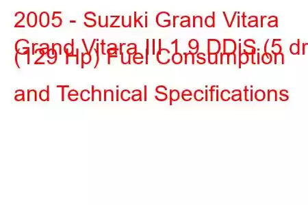 2005 - Suzuki Grand Vitara
Grand Vitara III 1.9 DDiS (5 dr) (129 Hp) Fuel Consumption and Technical Specifications