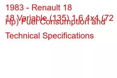 1983 - Renault 18
18 Variable (135) 1.6 4x4 (72 Hp) Fuel Consumption and Technical Specifications