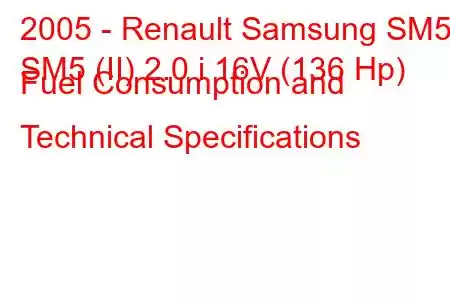 2005 - Renault Samsung SM5
SM5 (II) 2.0 i 16V (136 Hp) Fuel Consumption and Technical Specifications