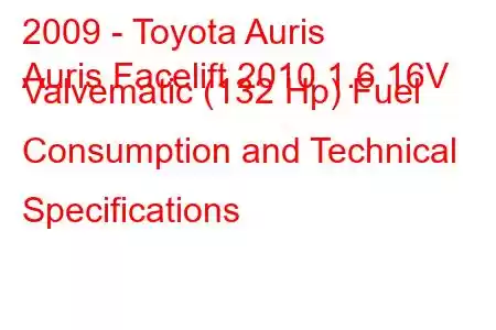 2009 - Toyota Auris
Auris Facelift 2010 1.6 16V Valvematic (132 Hp) Fuel Consumption and Technical Specifications