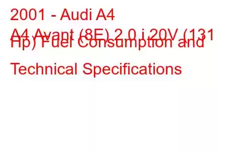 2001 - Audi A4
A4 Avant (8E) 2.0 i 20V (131 Hp) Fuel Consumption and Technical Specifications