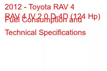 2012 - Toyota RAV 4
RAV 4 IV 2.0 D-4D (124 Hp) Fuel Consumption and Technical Specifications