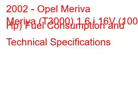 2002 - Opel Meriva
Meriva (T3000) 1.6 i 16V (100 Hp) Fuel Consumption and Technical Specifications