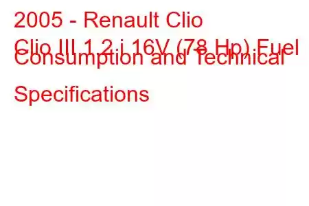 2005 - Renault Clio
Clio III 1.2 i 16V (78 Hp) Fuel Consumption and Technical Specifications